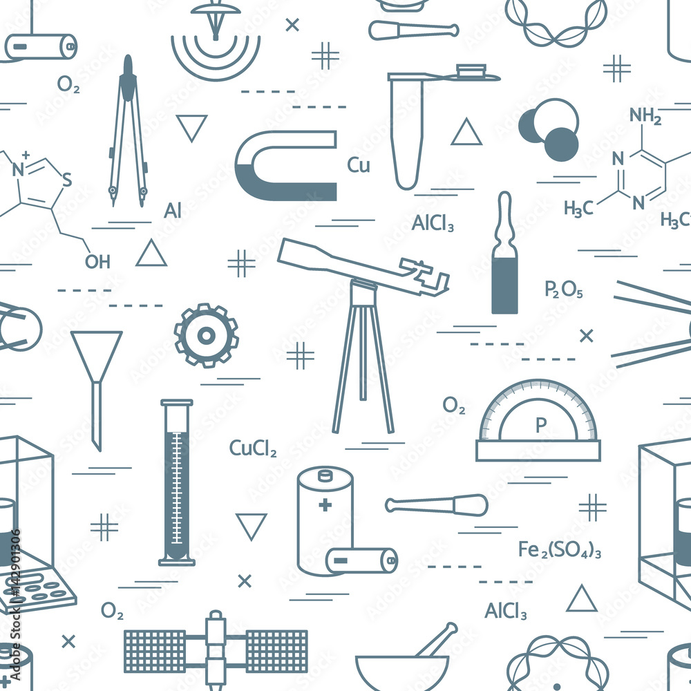 Seamless pattern with variety scientific, education elements: dividers, formula, test-tube, satellites, batteries and other. Seamless pattern with variety scientific, education elements: dividers, formula, test-tube, satellites, batteries and other.