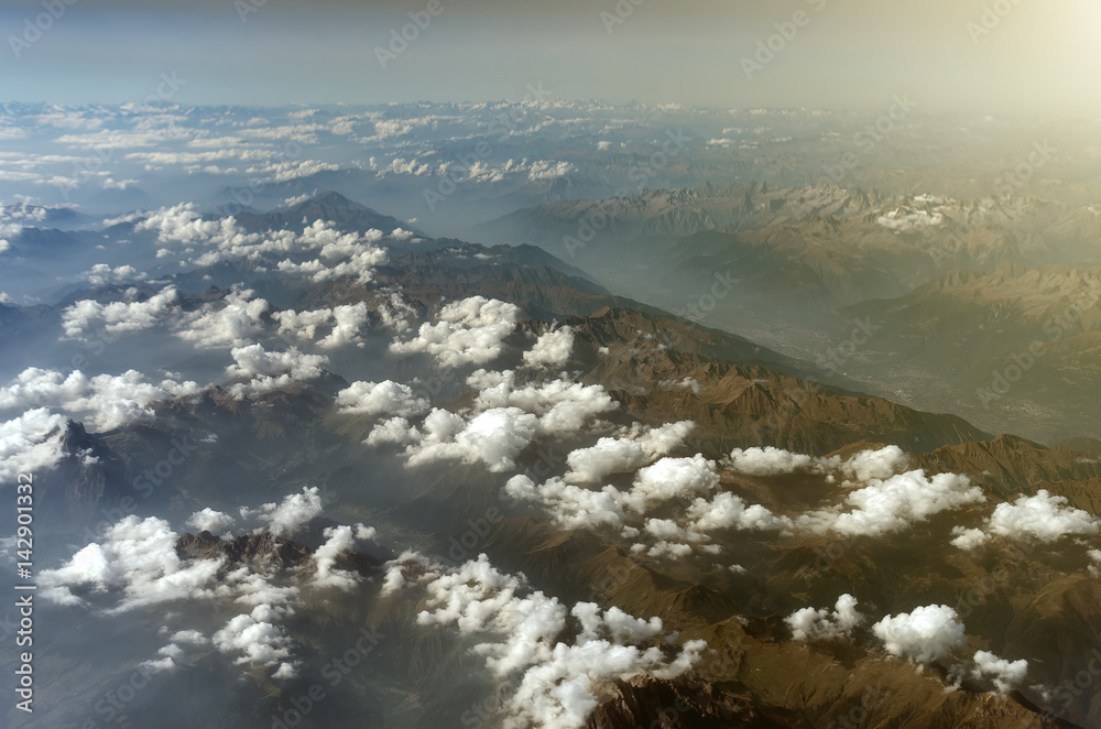 Aerial view of the mountains in the clouds.