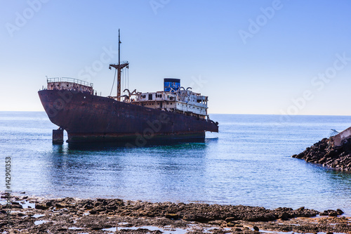 Old shipwrecks located in the seashore in Arrecife.