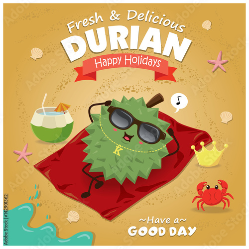 Vintage Easter poster beach design with durian character.