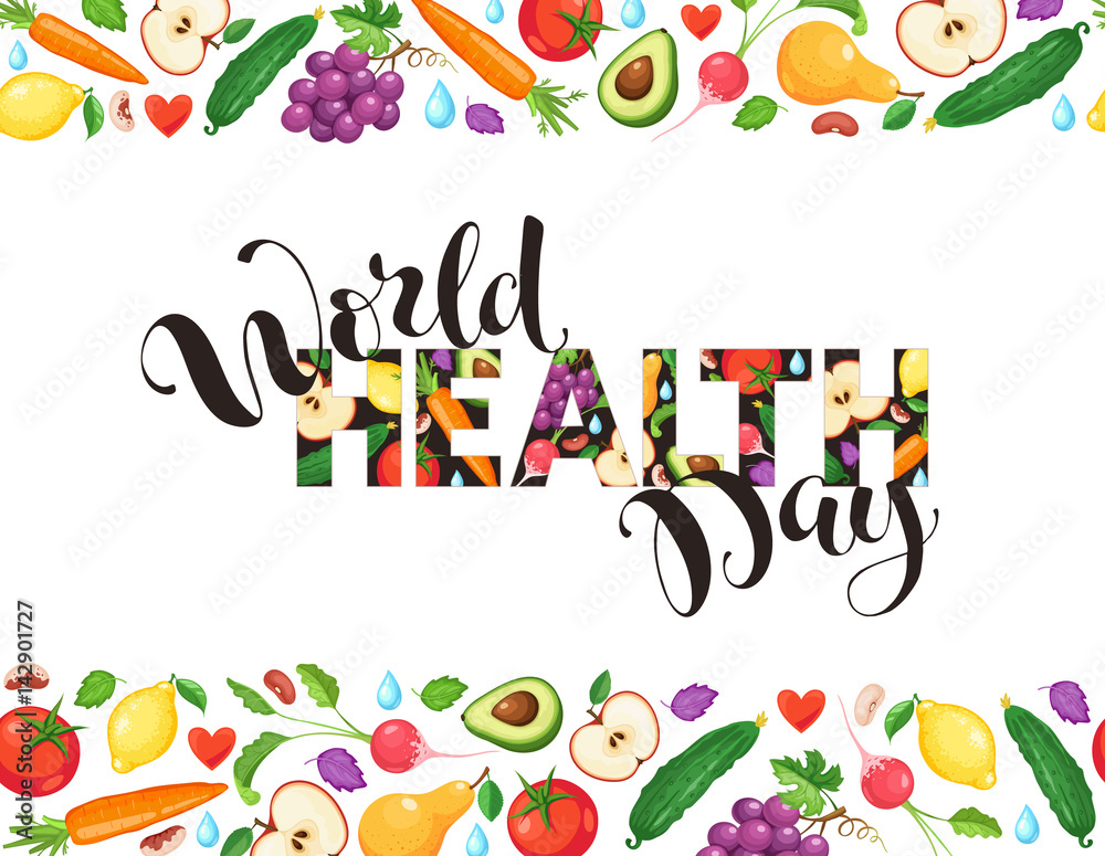 World health day poster with fresh fruits and vegetables isolated on white background. Horizontal composition from food.