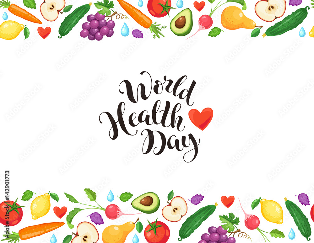 World health day poster with fresh fruits and vegetables isolated on white background. Horizontal composition from food.