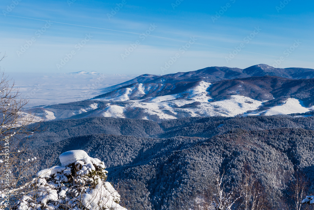 View from Tserkovka mountain оn the Altai Mountains in winter.  Resort Belokurikha, Altai, Russia