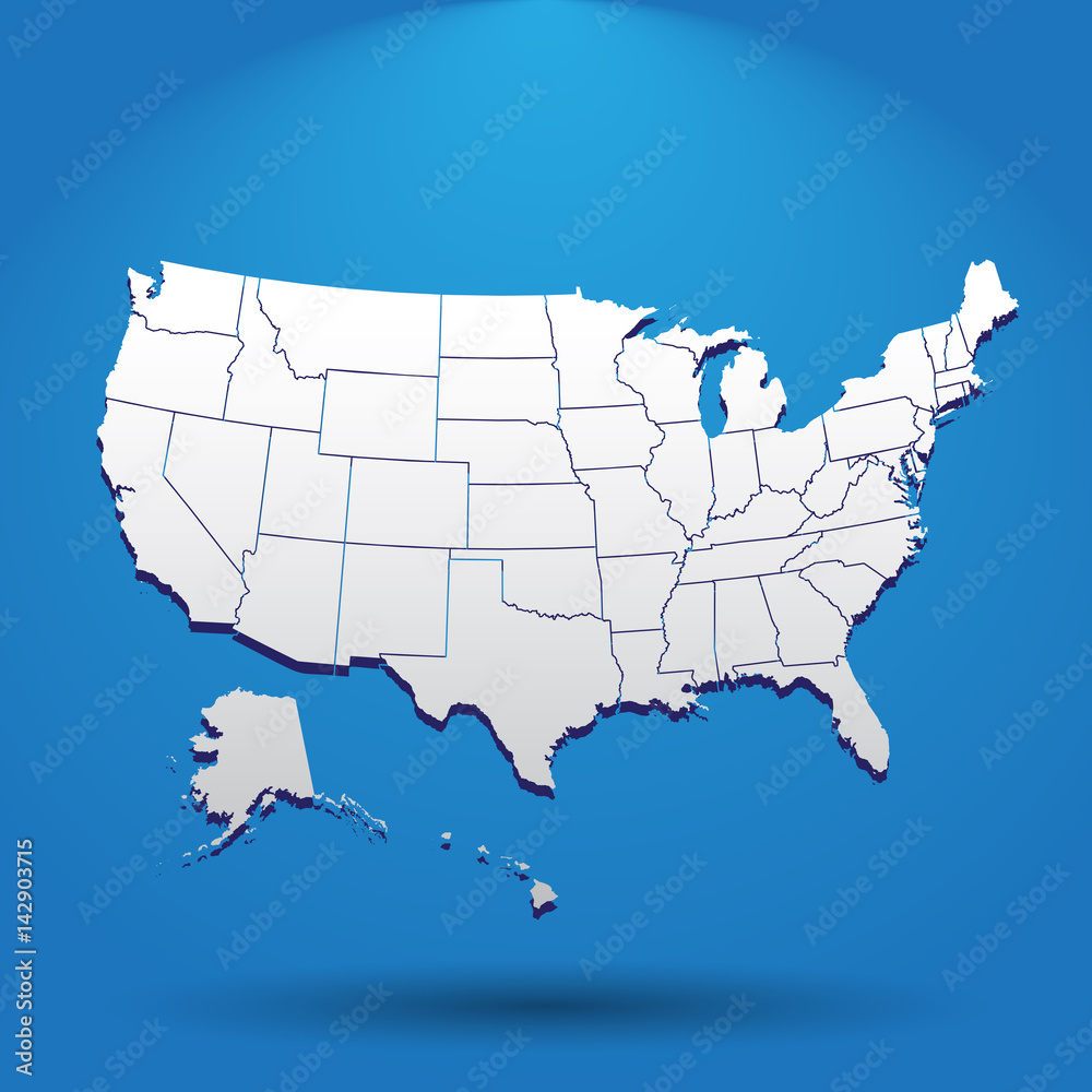 High detailed USA map with federal states. Vector illustration United states of America on blue background.