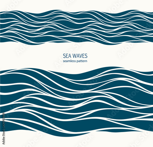 Marine seamless pattern with stylized blue waves on a light back