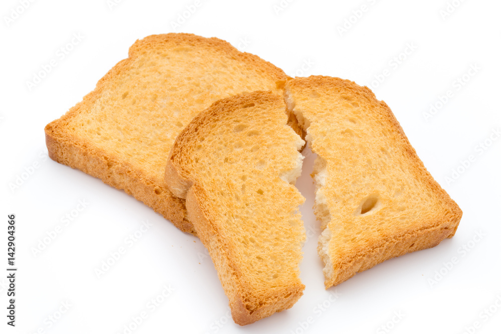 Slices of toast bread on wooden table, top view.