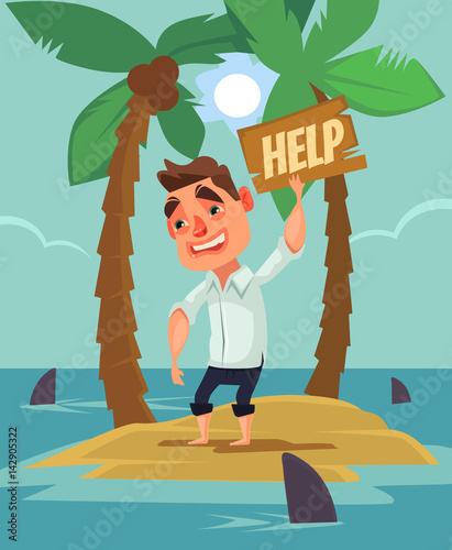 Office worker man character lost on desert island between shark. Vector flat cartoon illustration