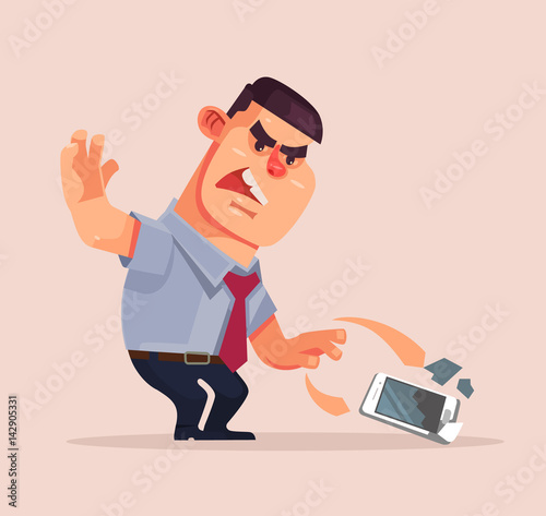 Angry unhappy businessman character throwing mobile phone and smash it. Vector flat cartoon illustration