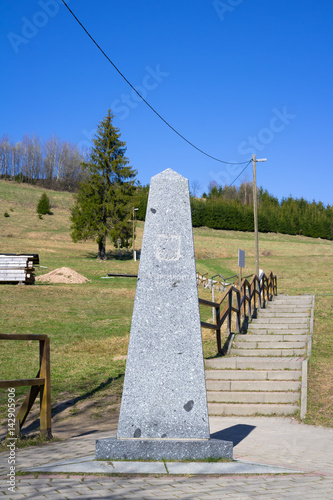 Common contact point of Czech, Slovak and Polish border, Hrcava, Beskid Mountains - pyramid monolith as demarcation of frontier between European states photo