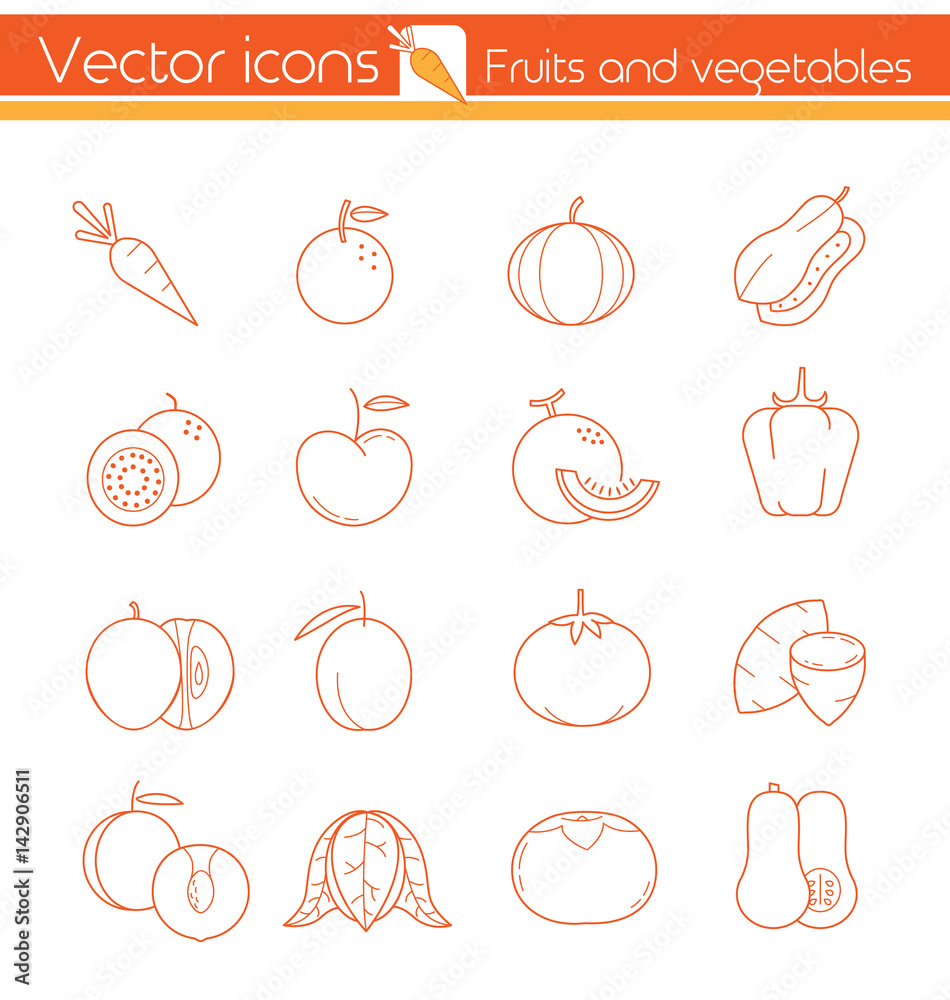 Orange fruits and vegetables, Line vector icons, Sign and symbol. Orange fruits and vegetables, Line vector icons, Sign and symbol.