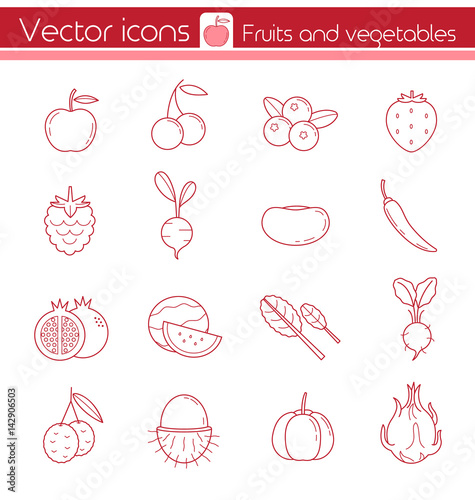 Cuadro en lienzo Red fruits and vegetables, Line vector icons, Sign and symbol.