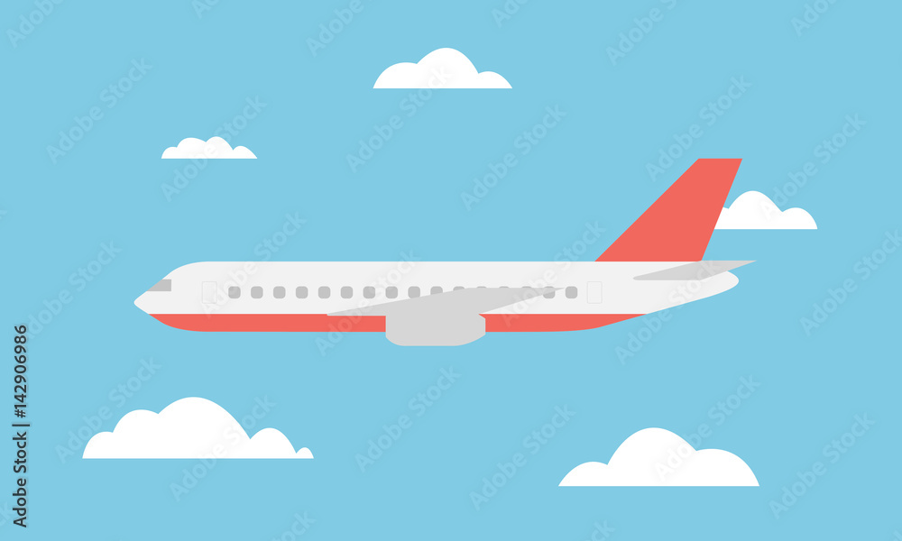 View of the large and fast line airliner flying among the clouds in the blue sky - vector