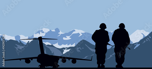 Military aviation base and two soldiers.