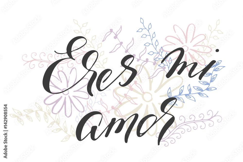 You are my love in Spanish. Handwritten text and hand drawn floral