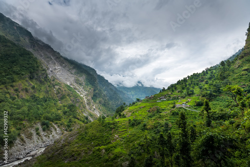 Green valley on Manaslu circuit in Himalaya mountains  Nepal