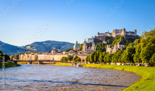 Beautiful view of Salzburg, Fortress Hohensalzburg and Salzach river in summer, Salzburg, Salzburger Land, Austria