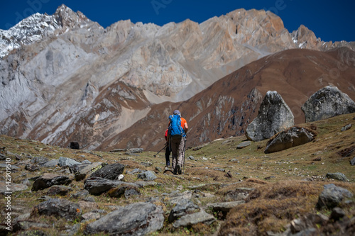 Trekker on Manaslu circuit trek in Nepal photo