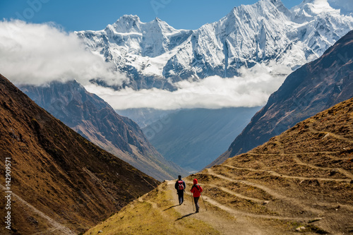 Trekker on Manaslu circuit trek in Nepal photo