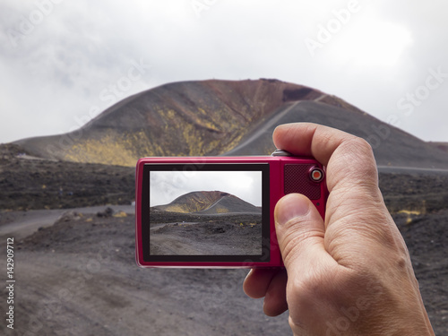 Etna volcano in camera viewfinder