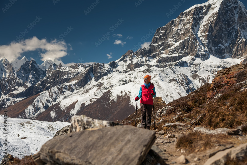 Trekker in Khumbu valley on a way to Everest Base camp