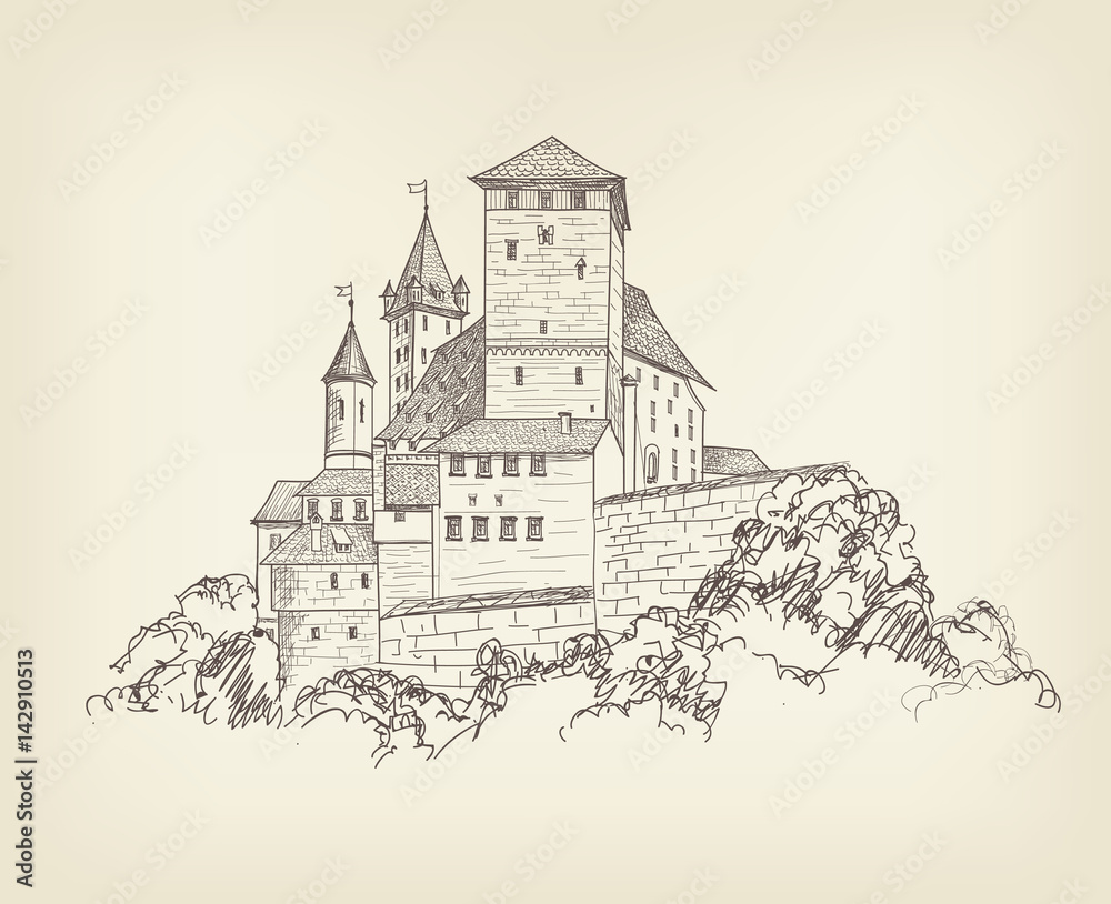 Ancient castle landscape engraving Tower building sketch skyline