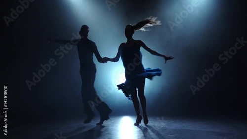 Professional couple of rumba dancers posing in smoky, slow motion