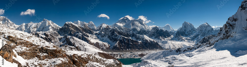 Panorama of the Khumbu valley in Nepal wity Everest and Makalu - obrazy, fototapety, plakaty 