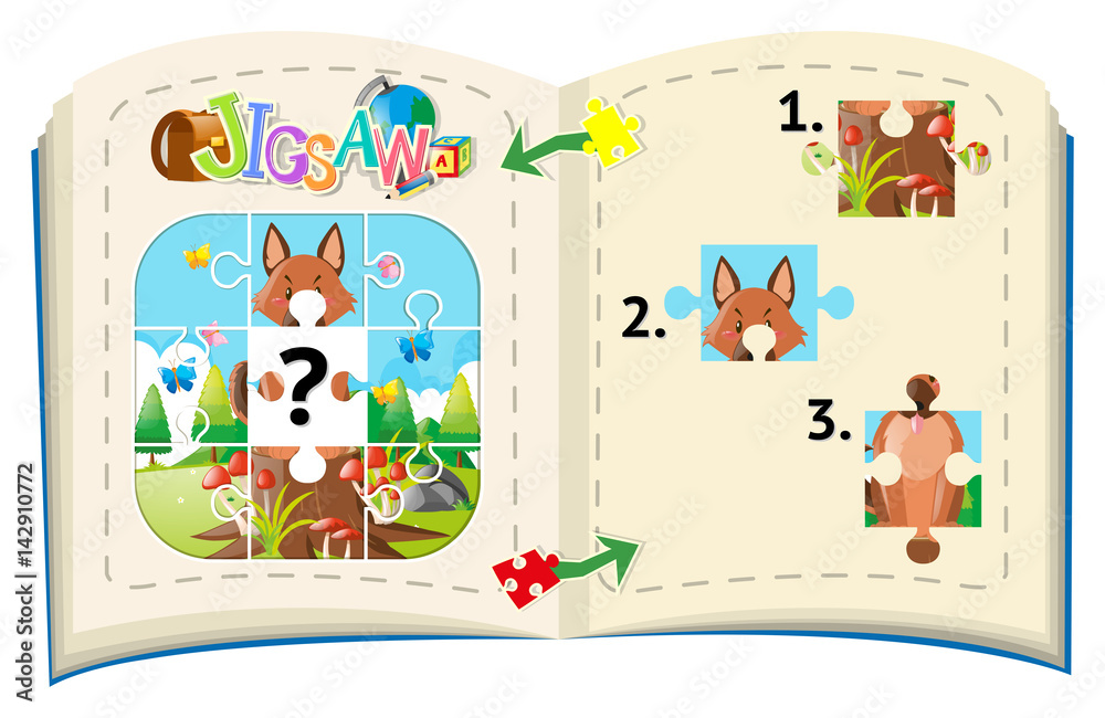 Obraz premium Jigsaw puzzle pieces of fox on the log