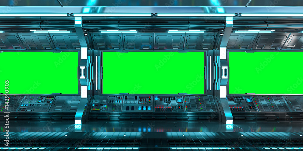 Fototapeta premium Wnętrze statku kosmicznego z widokiem na zielone okna renderowania 3D