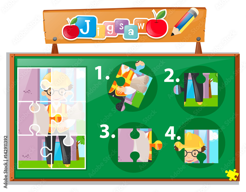 Fototapeta premium Jigsaw puzzle game with engineer on board
