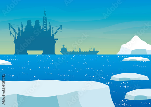 Oil platform and oil tanker in the Arctic.