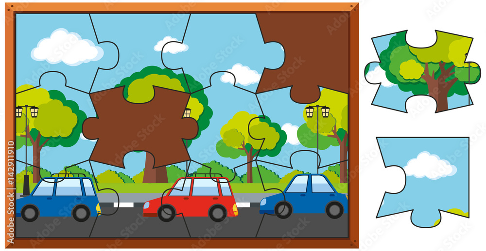 Naklejka premium Jigsaw puzzle game with cars on road