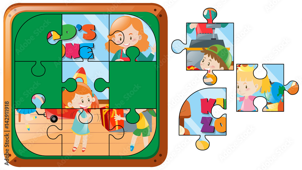 Fototapeta premium Jigsaw puzzle game with kids in room