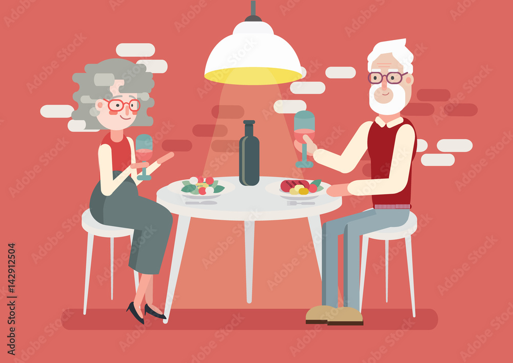 Old couple having romantic date at restaurant. Vector illustration