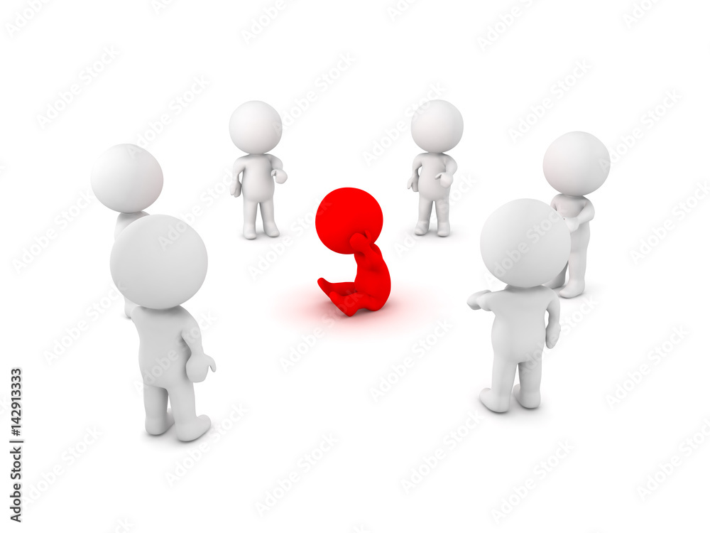 Image with 3d character in the middle being bullied and harrased by the ones around him Image with 3d character in the middle being bullied and harrased by the ones around him
