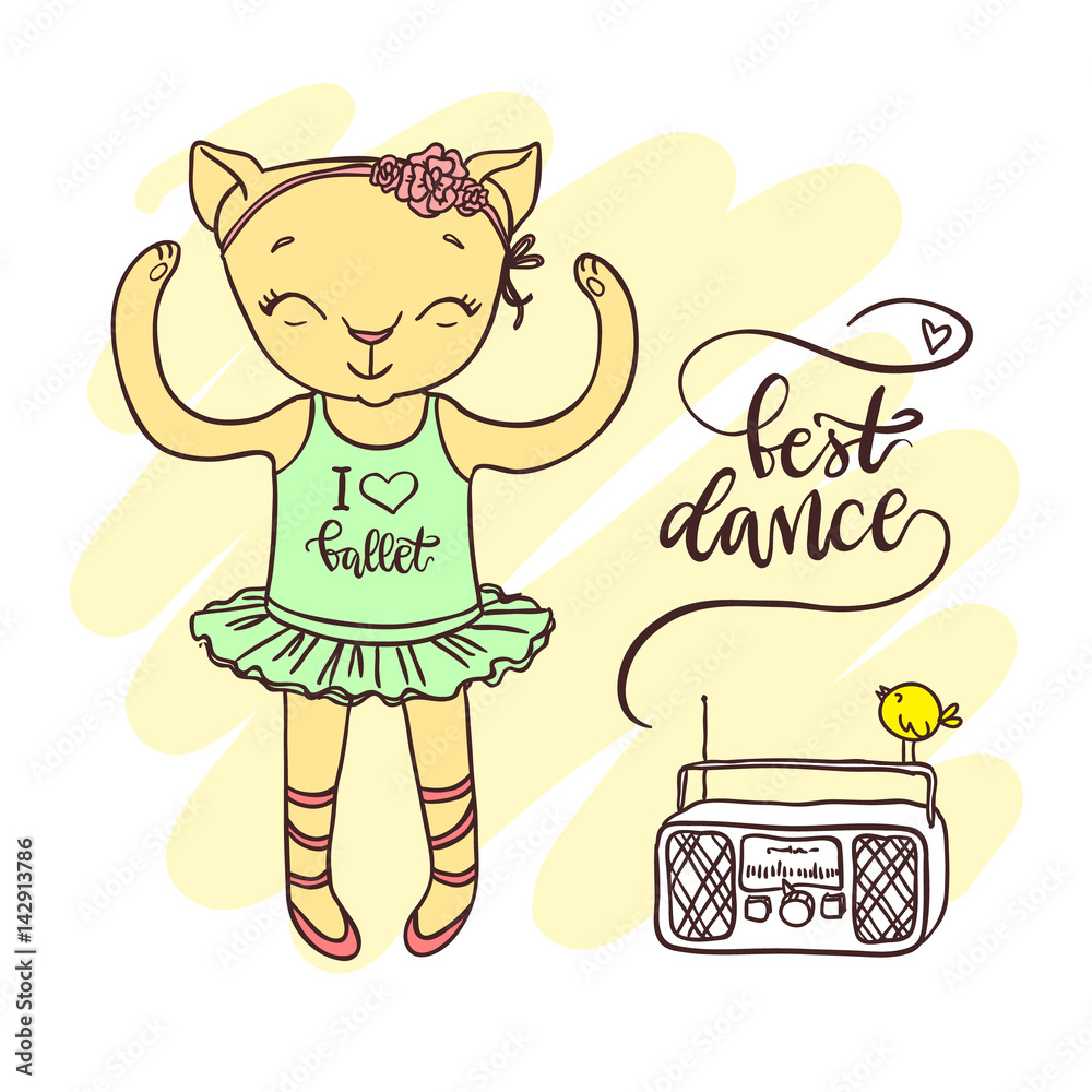 Little cute kitten in ballet tutu with radio. Inscription: best dance Little cute kitten in ballet tutu with radio. Inscription: best dance