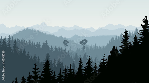 Horizontal illustration of morning mist in forest hills.