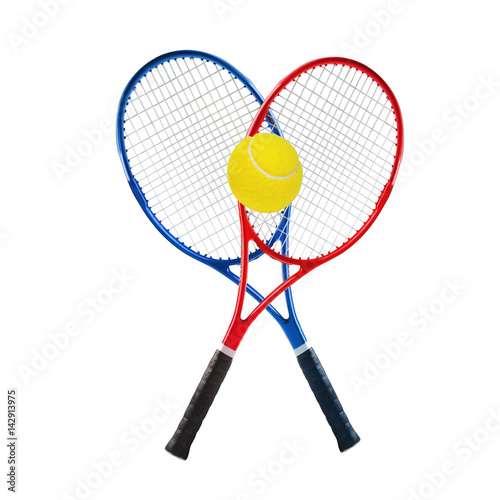 Blue and red tennis rackets and ball isolated white background © wolfelarry