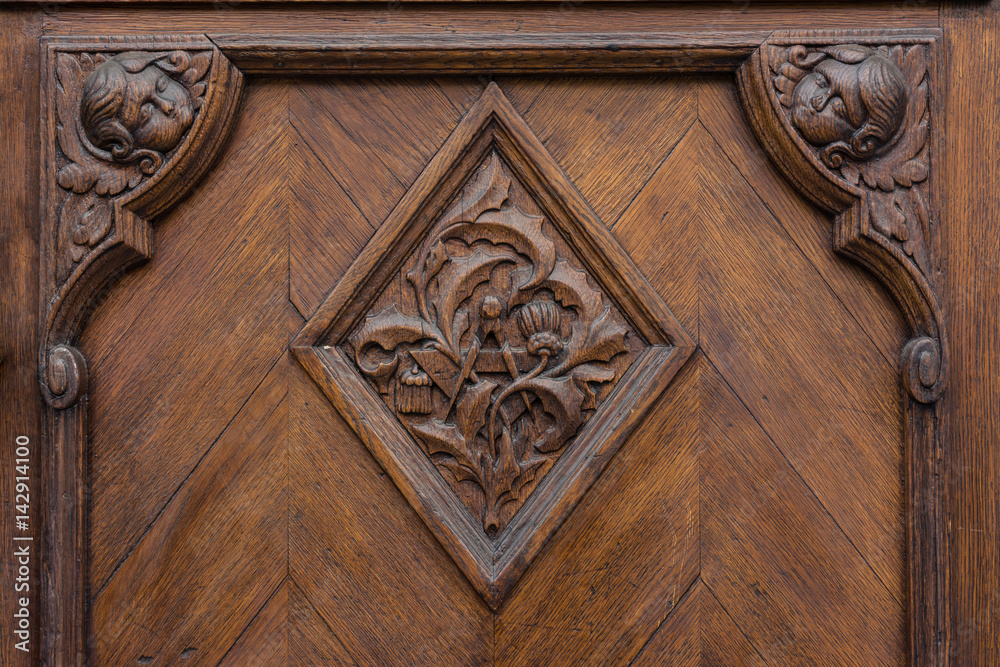 European Door Emblem Texture Oak Heavy Closeup Doorknob Surface Decorated Elegant Diamond Brown Deep