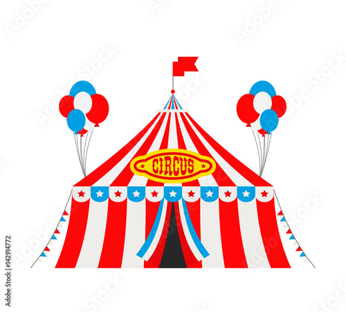 circus tent with flags and balloons on white background