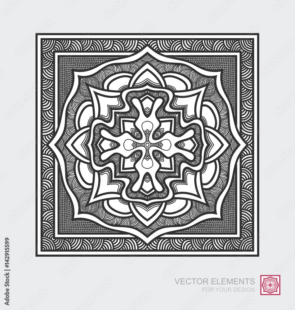 Floral abstract ornament of square shape. Decorative monochrome tile design,  Vector graphic elements. Modernist Minimalist Art.