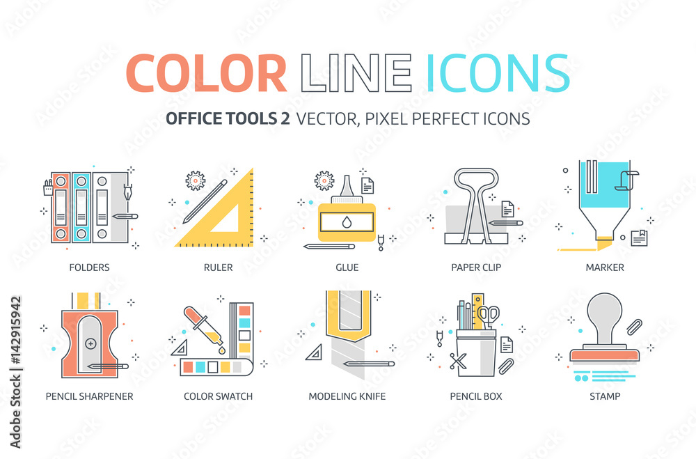 Color line, office tools illustrations, icons Color line, office tools illustrations, icons