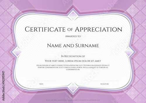 Certificate of appreciation template in vector with applied Thai art background, purple color