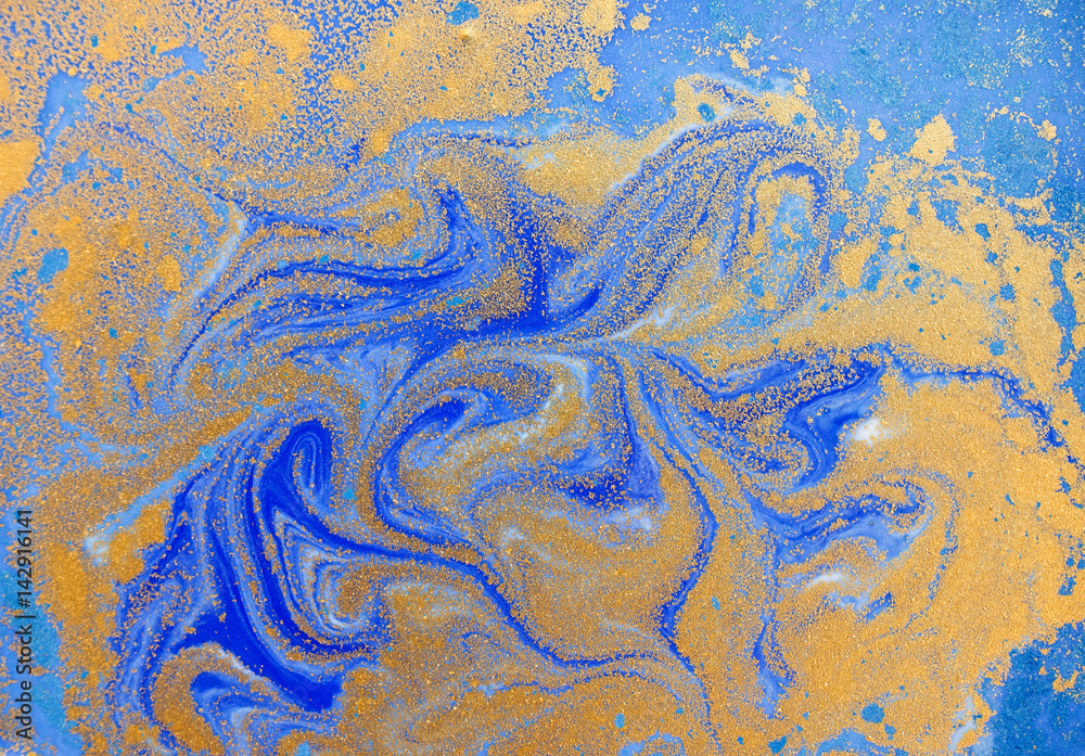 Blue and golden liquid texture, watercolor hand drawn marbling illustration, abstract background