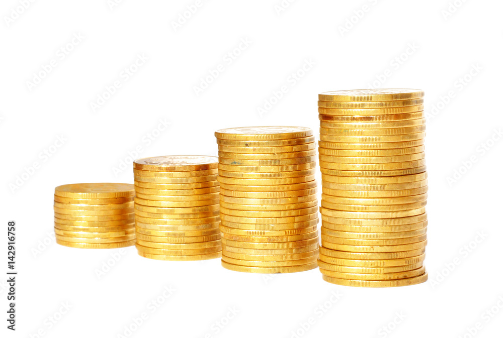 Savings, increasing columns of gold coins isolated on white background Savings, increasing columns of gold coins isolated on white background
