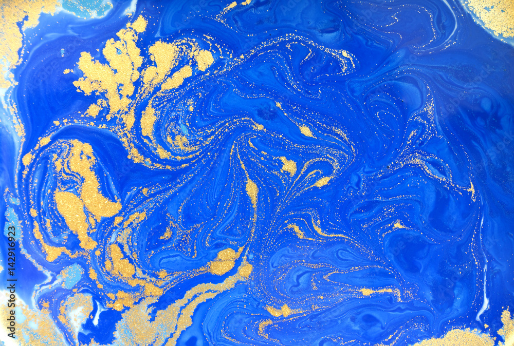 Blue and golden liquid texture, watercolor hand drawn marbling illustration, abstract background