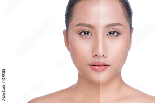 Woman face with half tan skin isolated on white background
