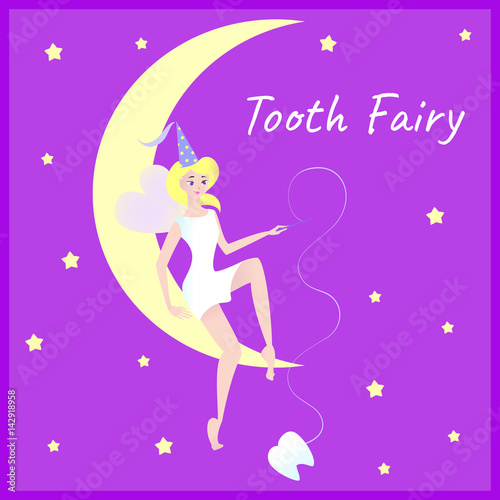 A cute tooth fairy sits on the moon. Holds a tooth. Stars on the background. Beautiful concept for children's dentistry.
