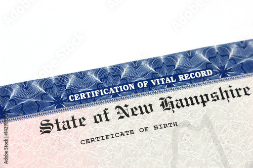 close up on birth certificate of New Hampshire state