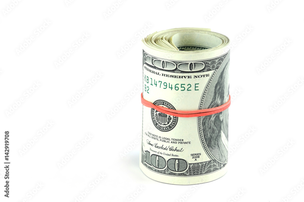 roll of hundred USA dollar bills with red rubber roll of hundred USA dollar bills with red rubber
